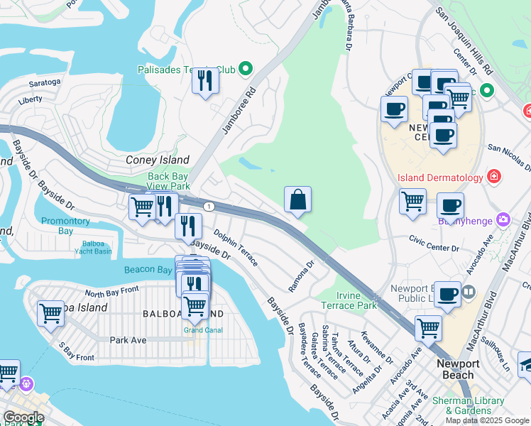 map of restaurants, bars, coffee shops, grocery stores, and more near 243 Villa Point Drive in Newport Beach
