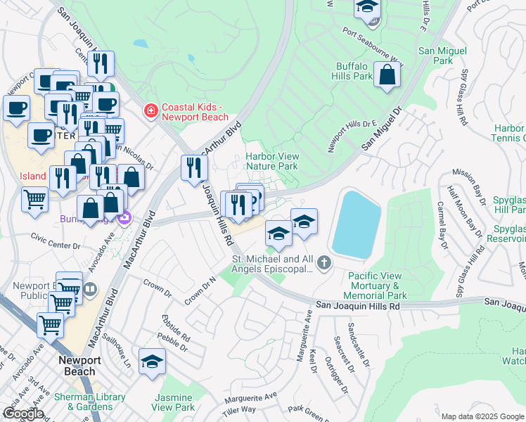 map of restaurants, bars, coffee shops, grocery stores, and more near 202 Harbor Woods Place in Newport Beach