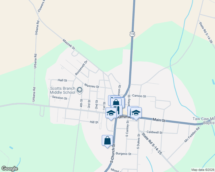 map of restaurants, bars, coffee shops, grocery stores, and more near 16 Mazyck Street in Summerton