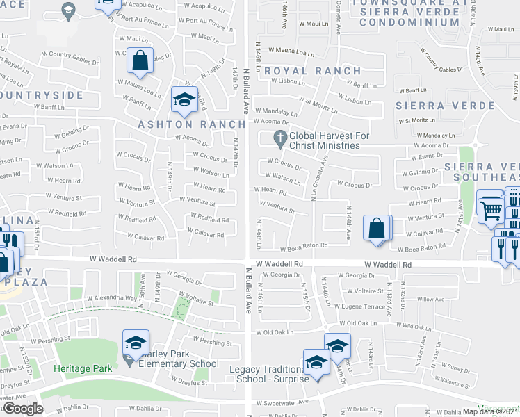 map of restaurants, bars, coffee shops, grocery stores, and more near 14633 West Ventura Street in Surprise
