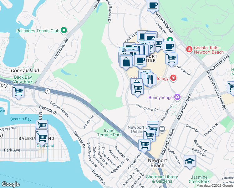 map of restaurants, bars, coffee shops, grocery stores, and more near 1150 Granville Drive in Newport Beach