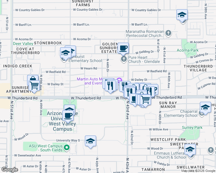 map of restaurants, bars, coffee shops, grocery stores, and more near 4407 West Calavar Road in Glendale