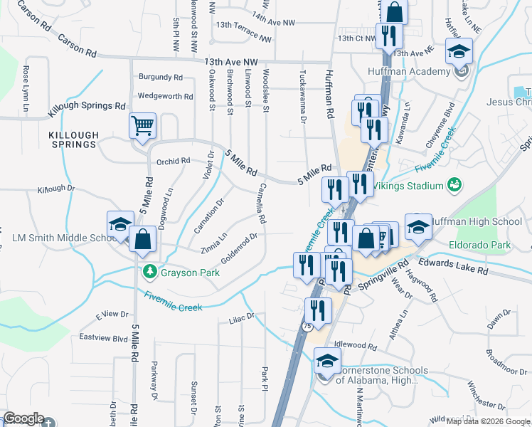 map of restaurants, bars, coffee shops, grocery stores, and more near 1113 Camellia Road in Birmingham