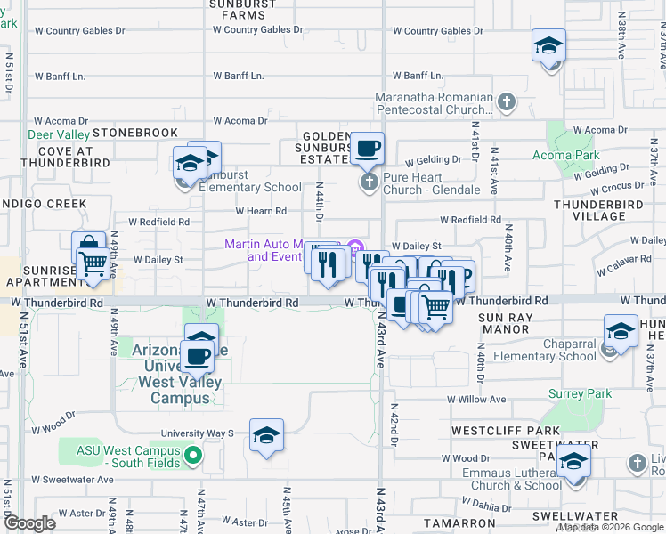 map of restaurants, bars, coffee shops, grocery stores, and more near 4407 West Calavar Road in Glendale