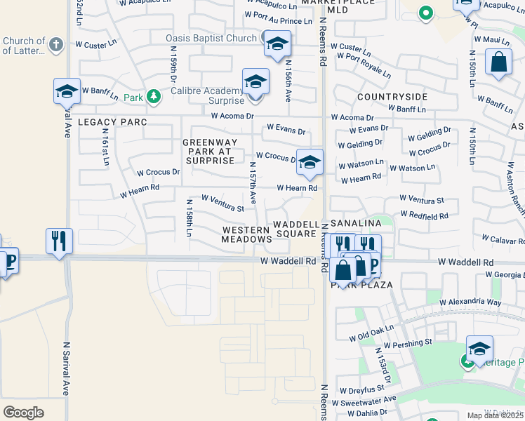 map of restaurants, bars, coffee shops, grocery stores, and more near 14040 North 156th Lane in Surprise