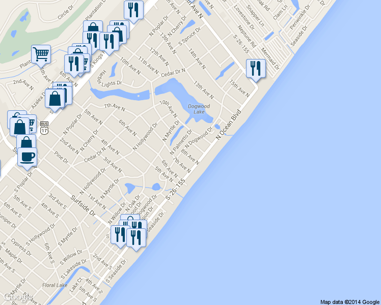map of restaurants, bars, coffee shops, grocery stores, and more near 120 8th Avenue North in Myrtle Beach