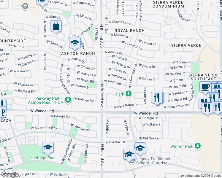 map of restaurants, bars, coffee shops, grocery stores, and more near 14633 West Ventura Street in Surprise