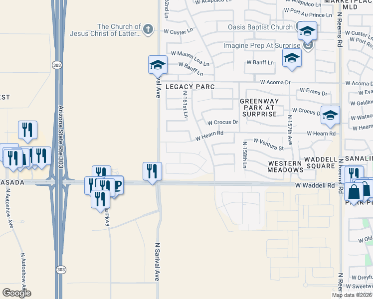 map of restaurants, bars, coffee shops, grocery stores, and more near 16174 West Redfield Road in Surprise