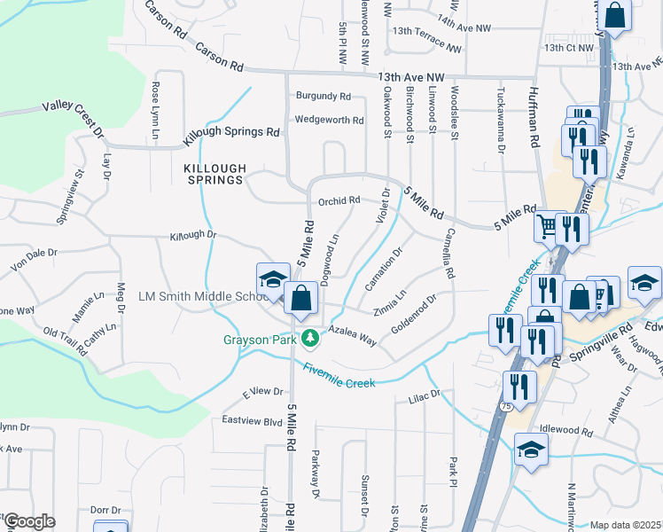 map of restaurants, bars, coffee shops, grocery stores, and more near 1149 Dogwood Lane in Birmingham