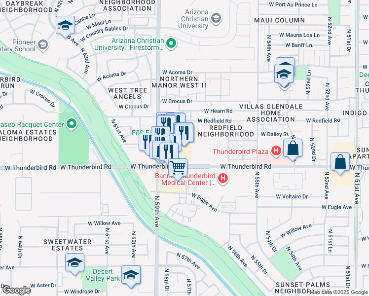 map of restaurants, bars, coffee shops, grocery stores, and more near 5830 West Thunderbird Road in Glendale