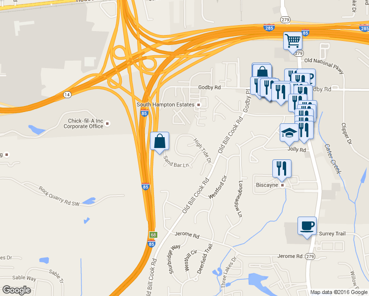 map of restaurants, bars, coffee shops, grocery stores, and more near 5284 High Tide Ct in College Park