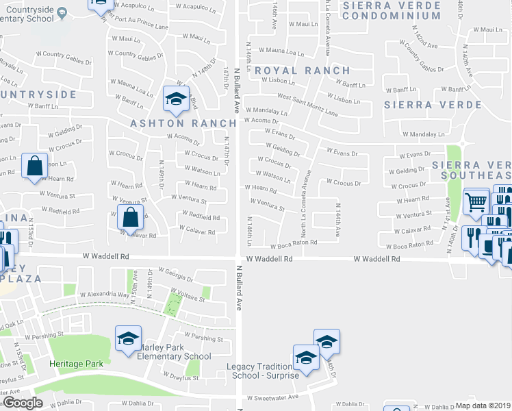 map of restaurants, bars, coffee shops, grocery stores, and more near 14633 West Ventura Street in Surprise