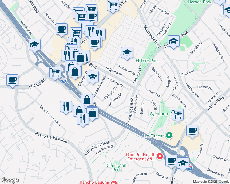 map of restaurants, bars, coffee shops, grocery stores, and more near 24152 Palmek Circle in Lake Forest