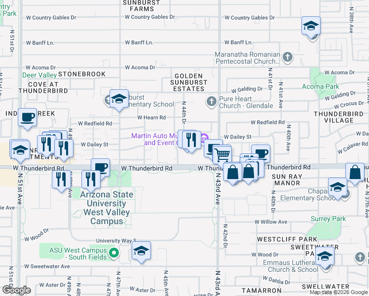 map of restaurants, bars, coffee shops, grocery stores, and more near 4407 West Calavar Road in Glendale