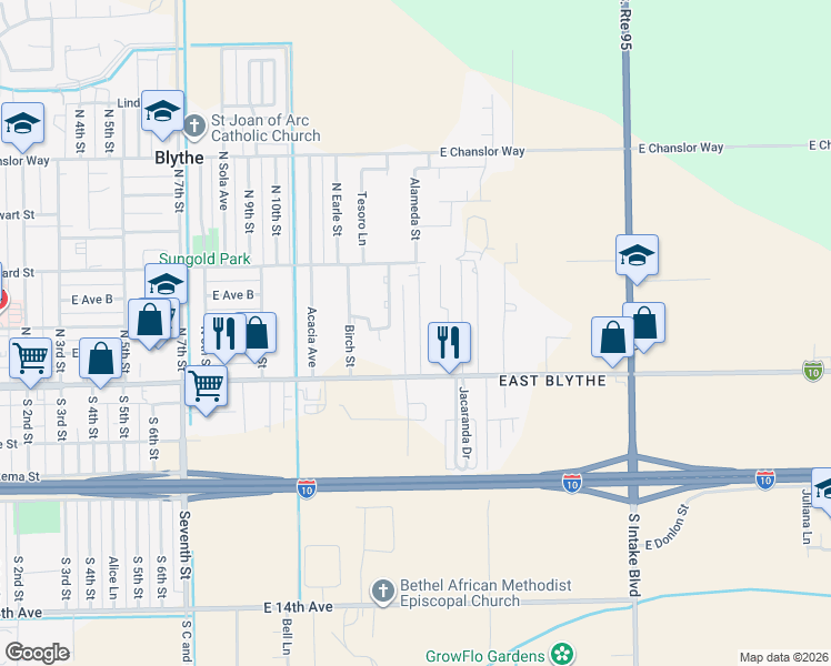 map of restaurants, bars, coffee shops, grocery stores, and more near 159 Date Road in Blythe