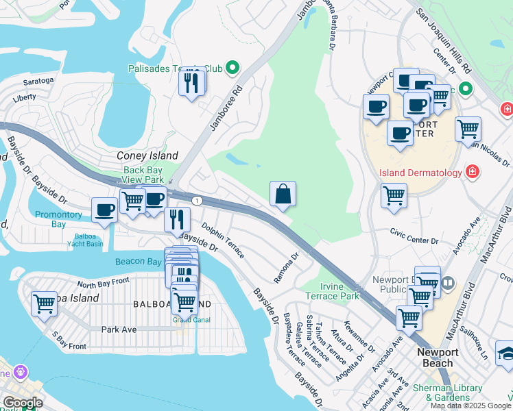 map of restaurants, bars, coffee shops, grocery stores, and more near 372 Villa Point Drive in Newport Beach