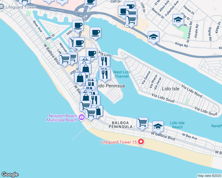 map of restaurants, bars, coffee shops, grocery stores, and more near 18 Anchorage Way in Newport Beach