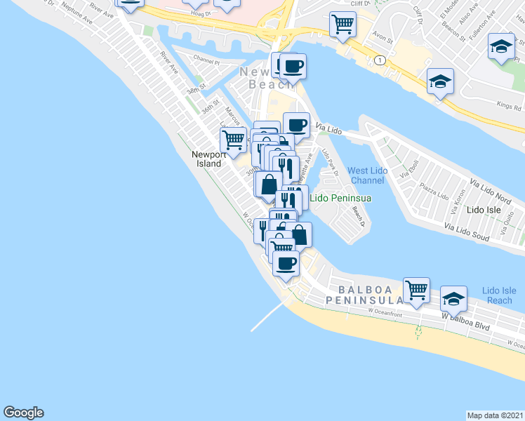 map of restaurants, bars, coffee shops, grocery stores, and more near 2727 Newport Boulevard in Newport Beach