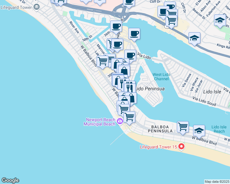 map of restaurants, bars, coffee shops, grocery stores, and more near 2727 Newport Boulevard in Newport Beach