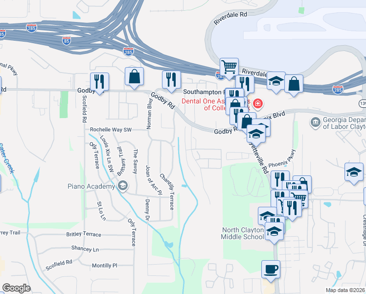 map of restaurants, bars, coffee shops, grocery stores, and more near 5235 Hanover Street in Atlanta
