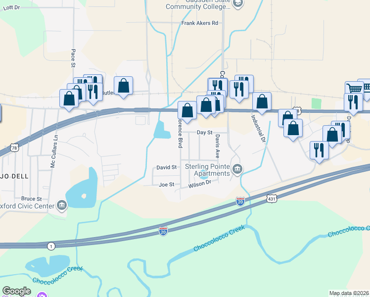 map of restaurants, bars, coffee shops, grocery stores, and more near 119 Florence Blvd in Oxford