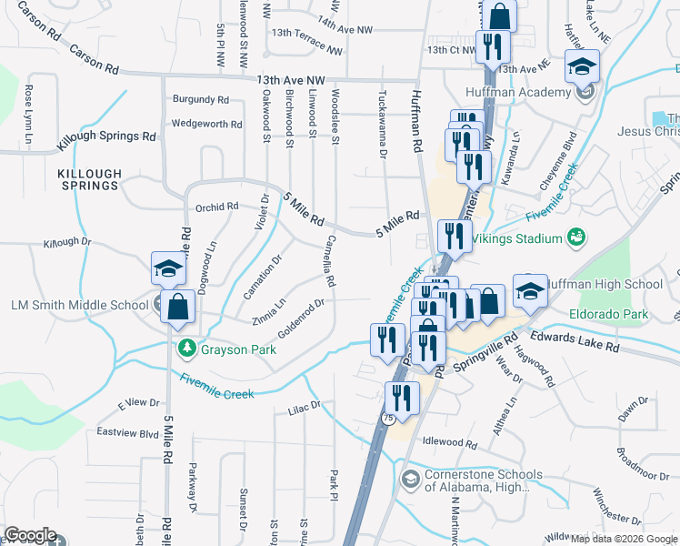 map of restaurants, bars, coffee shops, grocery stores, and more near 1113 Camellia Road in Birmingham