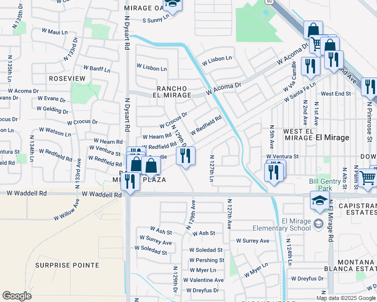 map of restaurants, bars, coffee shops, grocery stores, and more near 12913 West Via Camille in El Mirage