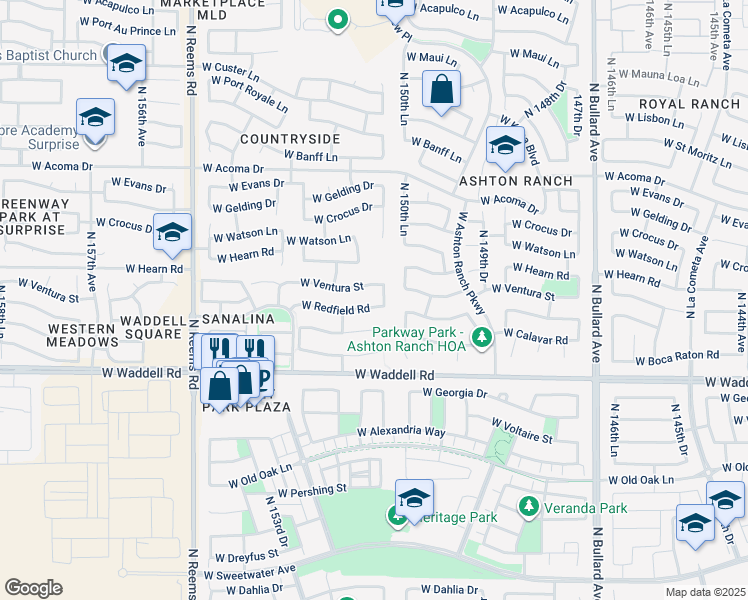 map of restaurants, bars, coffee shops, grocery stores, and more near 15138 West Redfield Road in Surprise