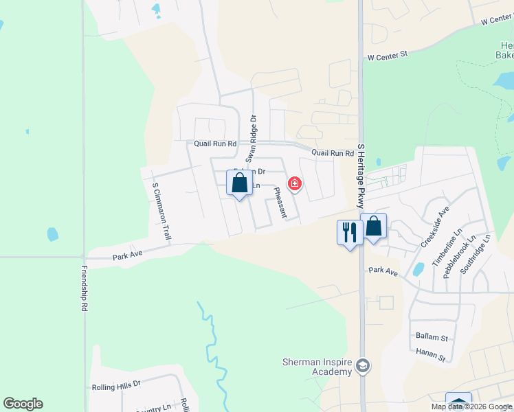 map of restaurants, bars, coffee shops, grocery stores, and more near 1411 Swan Ridge Drive in Sherman