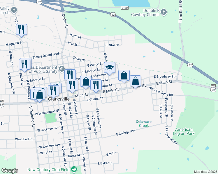 map of restaurants, bars, coffee shops, grocery stores, and more near 600 Broadway Street in Clarksville