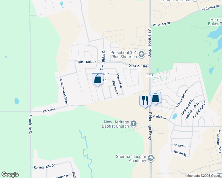 map of restaurants, bars, coffee shops, grocery stores, and more near 1409 South Raven Drive in Sherman
