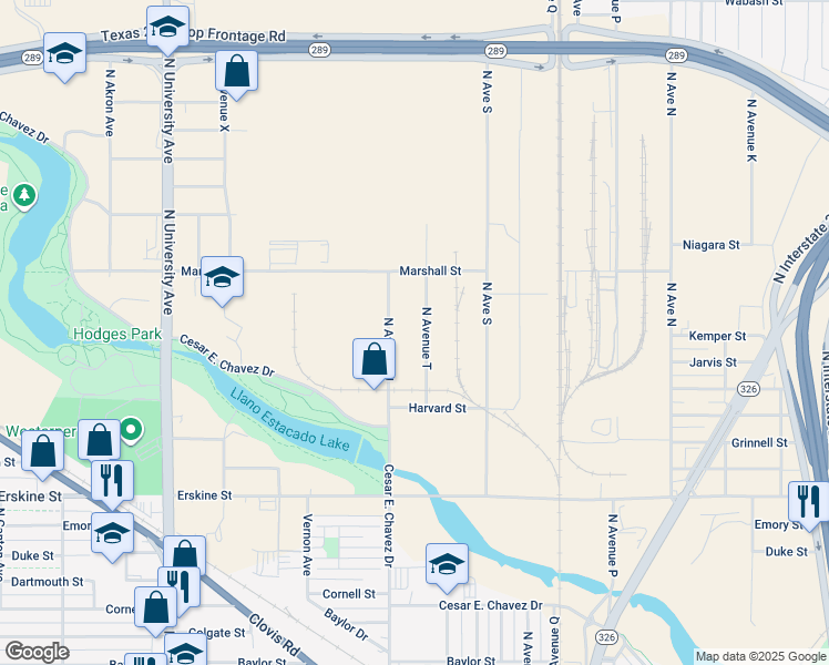 map of restaurants, bars, coffee shops, grocery stores, and more near 1115 North Avenue T in Lubbock