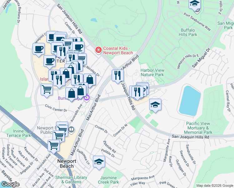 map of restaurants, bars, coffee shops, grocery stores, and more near 19 Harbor Pointe Drive in Newport Beach