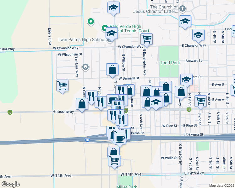 map of restaurants, bars, coffee shops, grocery stores, and more near 160 North Lovekin Boulevard in Blythe
