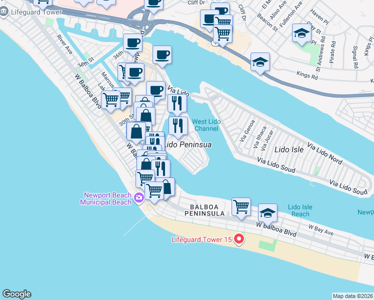 map of restaurants, bars, coffee shops, grocery stores, and more near in Newport Beach
