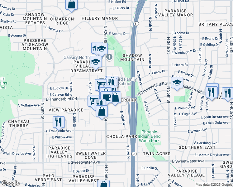 map of restaurants, bars, coffee shops, grocery stores, and more near 3230 East Thunderbird Road in Phoenix