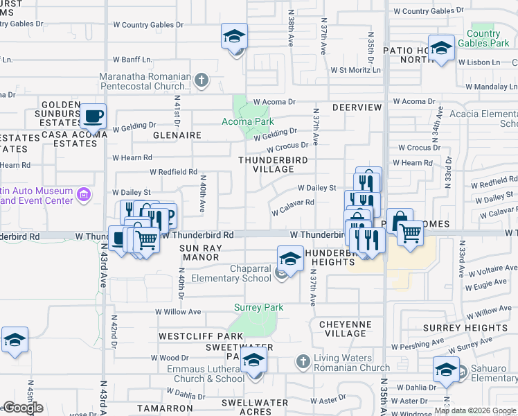 map of restaurants, bars, coffee shops, grocery stores, and more near 3823 West Dailey Street in Phoenix