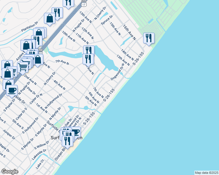 map of restaurants, bars, coffee shops, grocery stores, and more near 120 8th Avenue North in Myrtle Beach