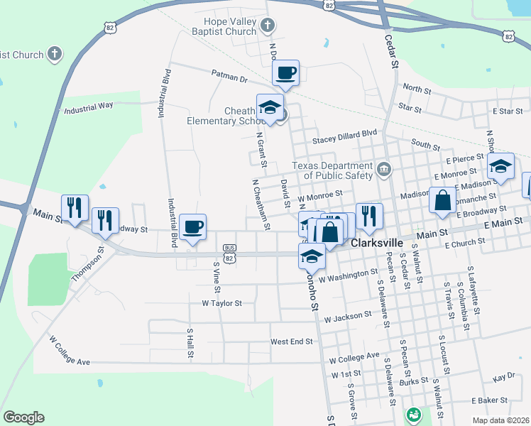 map of restaurants, bars, coffee shops, grocery stores, and more near 1015 West Madison Street in Clarksville