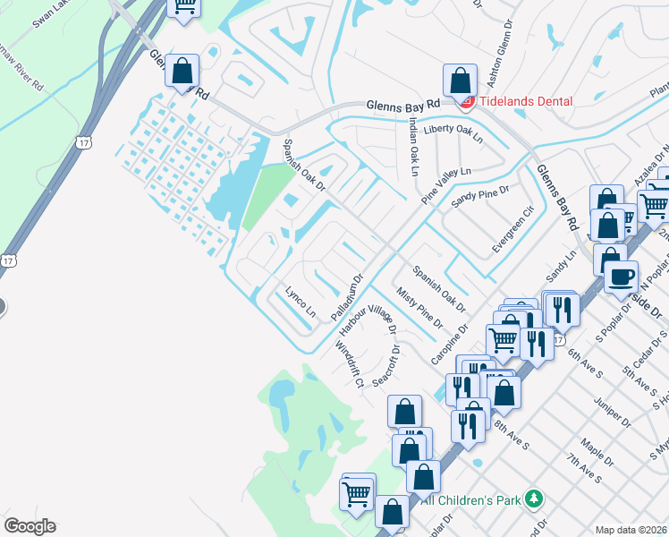 map of restaurants, bars, coffee shops, grocery stores, and more near 916 Belle Meade Drive in Myrtle Beach