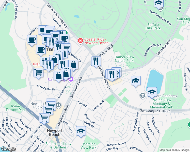 map of restaurants, bars, coffee shops, grocery stores, and more near 19 Harbor Pointe Drive in Newport Beach