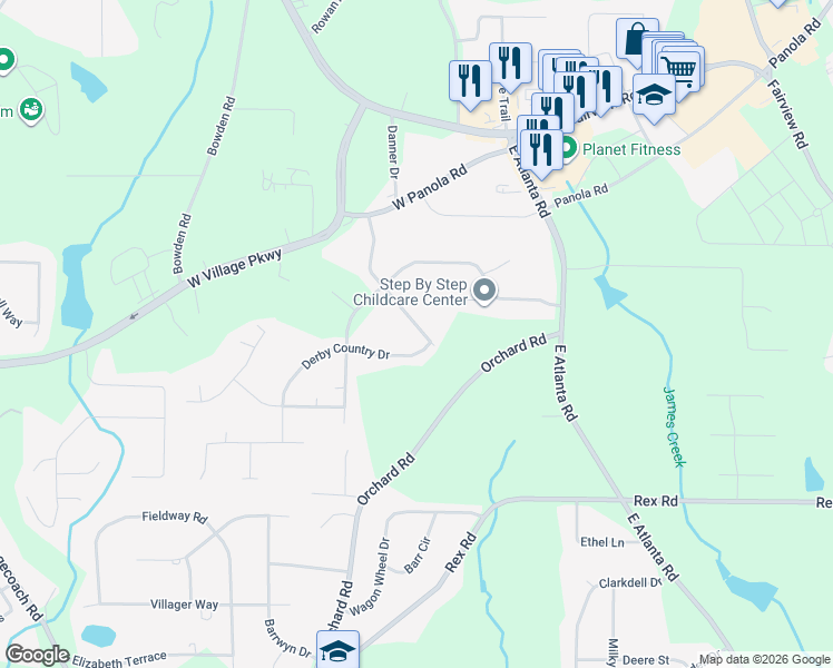 map of restaurants, bars, coffee shops, grocery stores, and more near 140 Triple Crown Lane in Ellenwood