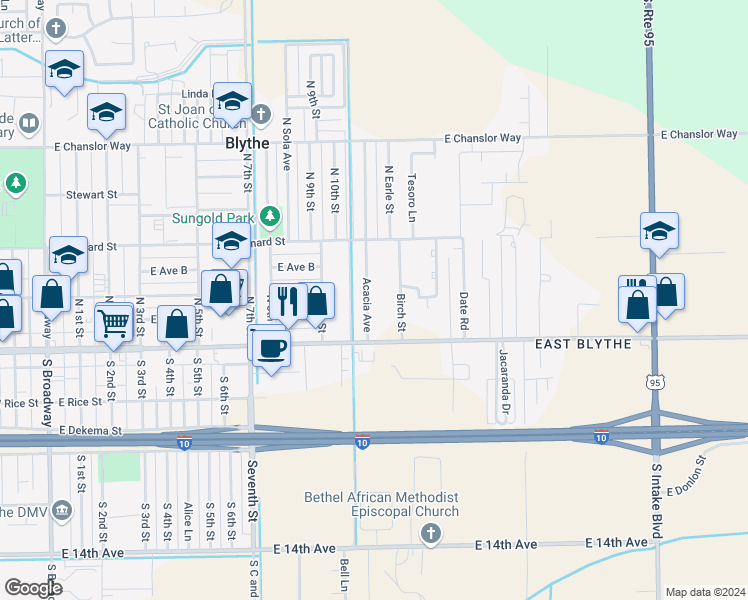 map of restaurants, bars, coffee shops, grocery stores, and more near 184 Acacia Avenue in Blythe