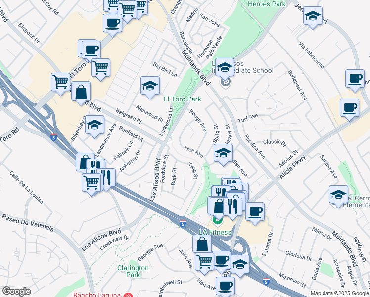 map of restaurants, bars, coffee shops, grocery stores, and more near 24991 Tree Avenue in Mission Viejo
