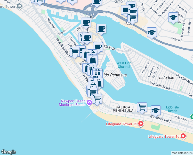 map of restaurants, bars, coffee shops, grocery stores, and more near 2600 Newport Boulevard in Newport Beach