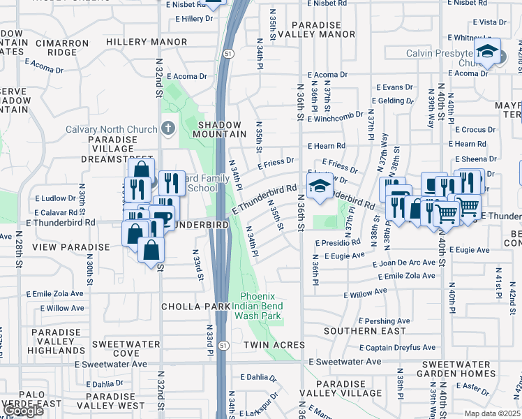 map of restaurants, bars, coffee shops, grocery stores, and more near 3475 East Sharon Drive in Phoenix