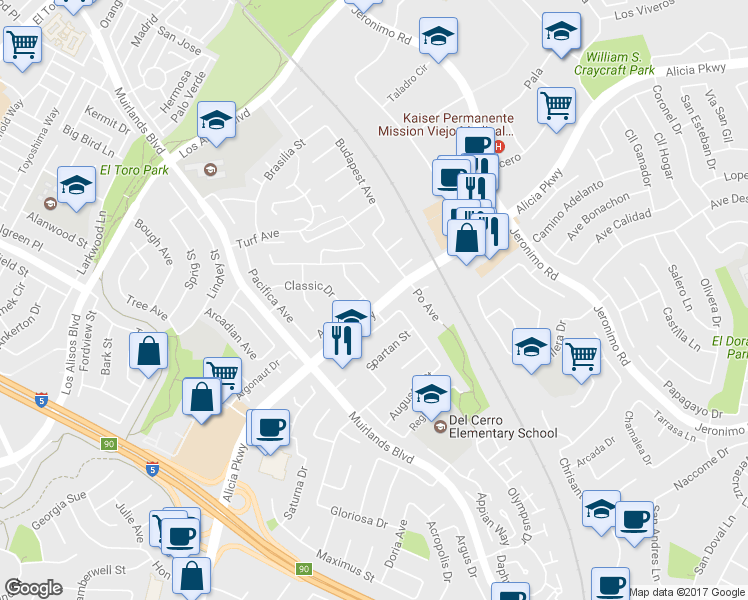 map of restaurants, bars, coffee shops, grocery stores, and more near 25581 Althea Avenue in Mission Viejo