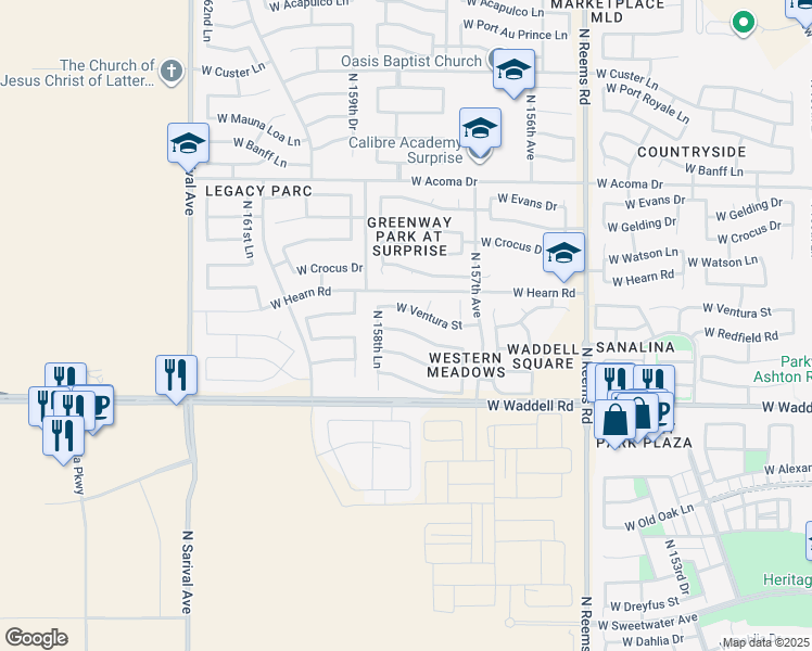map of restaurants, bars, coffee shops, grocery stores, and more near 15834 West Redfield Road in Surprise