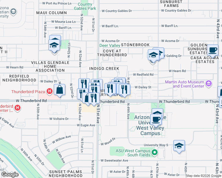 map of restaurants, bars, coffee shops, grocery stores, and more near 5020 West Thunderbird Road in Glendale