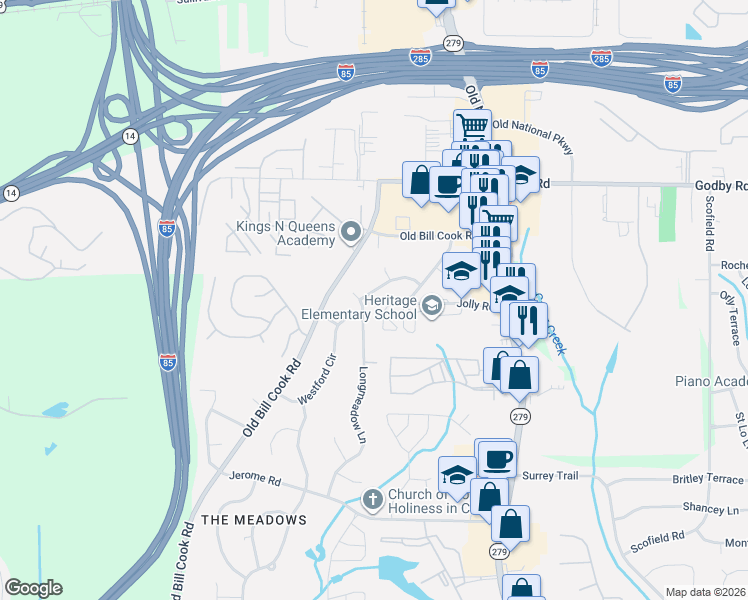 map of restaurants, bars, coffee shops, grocery stores, and more near 2700 Dunmoreland Terrace in College Park